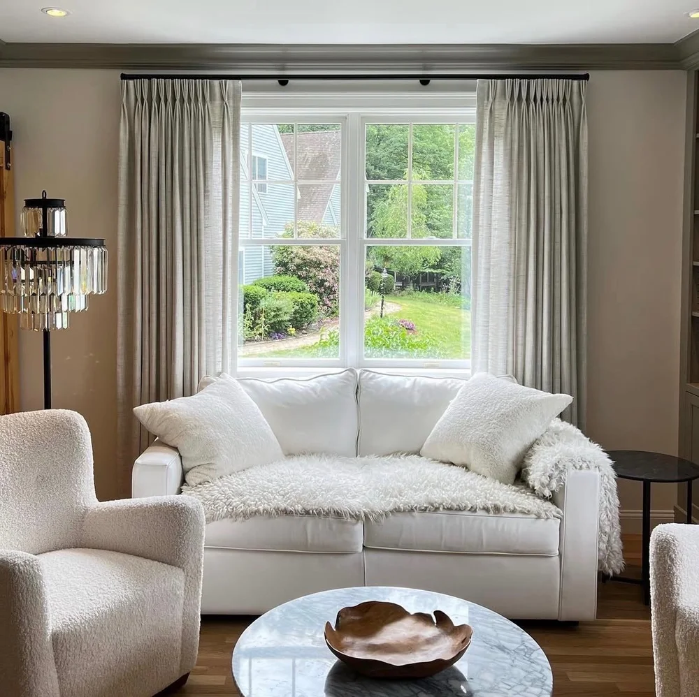 Custom drapery and shades in a Greater Boston living room