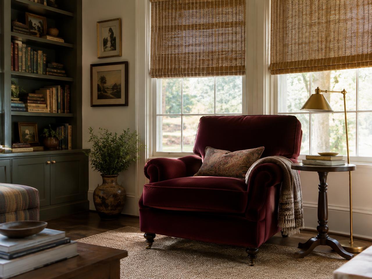 Reupholstered burgundy velvet armchair with woven wood shades in a Waltham, MA den